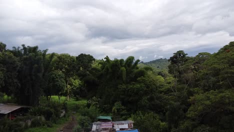 Aerial-drone-tilt-up-shot-over-village-houses-surrounded-by-dense-forest-in-the-town-of-Coatepec,-Veracruz,-Mexico-on-a-cloudy-day