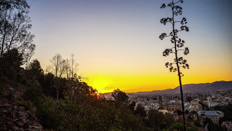 A-beautiful-and-colorful-sunrise-illuminates-the-city-of-Malaga,-Spain,-casting-a-calming-atmosphere-over-the-hilly-landscape-and-surrounding-bushes