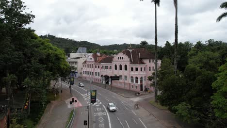 aerial-view-of-Fundação-Cultural-Blumenau,-historic-building-and-former-city-hall,-city-in-the-Itajaí-valley,-state-of-Santa-Catarina,-southern-Brazil