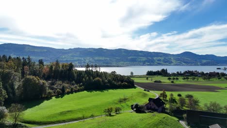 Luftaufnahme-Von-Grüner-Landschaft-Und-Waldbäumen-Mit-Blick-Auf-Den-Zürichsee-In-Der-Nähe-Von-Bollingen,-Schweiz-An-Einem-Klaren,-Sonnigen-Tag