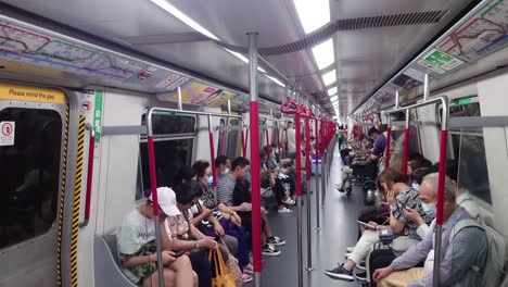 Wide-shot-of-people-traveling-in-the-public-underground-metro,-Subway-train-interior