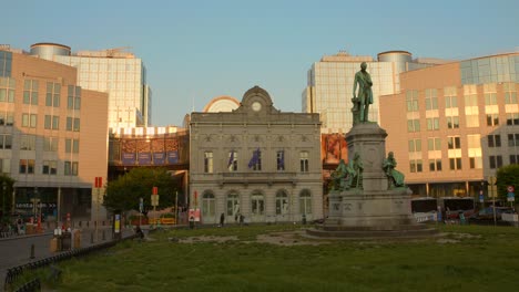 Sunset-at-Luxembourg-square,-station-in-front-of-European-Parliament