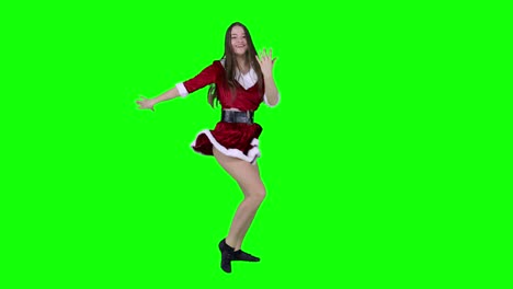 Tanzt-In-Weihnachtsstimmung:-Attraktive-Frau-In-Festlicher-Kleidung-Vor-Einem-Greenscreen
