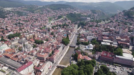 Aerial-Panorama:-Sarajevo-Cityscape-with-Miljacka-River-Flow