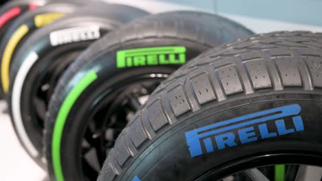 Different-kinds-of-Pirelli-F1-racing-tyres-are-seen-displayed-during-the-world's-first-official-Formula-1-exhibition-at-IFEMA-Madrid,-Spain