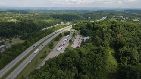 Interstate-79-in-West-Virginia-at-Rest-Stop-In-The-Appalachian-Mountain-Range-Aerial-View
