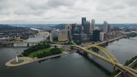 Die-Innenstadt-Von-Pittsburgh,-Pennsylvania,-An-Einem-Bewölkten-Tag,-Luftaufnahme-Nach-Rechts