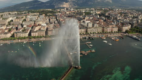 Kreisende-Luftaufnahme-Des-Wasserbrunnens-Mit-Der-Stadt-Genf-Im-Hintergrund