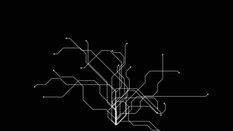 Animation-Von-Weißen-Linien,-Die-Einen-Stromkreis-Bilden,-Prozess-Des-Aufleuchtens-Einer-Mikroprozessoreinheit-Oder-Erstellen-Eines-Schemas-Einer-U-Bahn-Karte