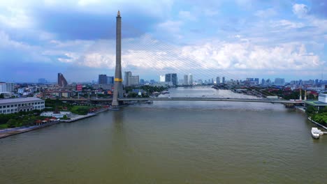 Cable-Stayed-Bridge-Of-Rama-VIII-Crossing-The-Chao-Phraya-River-In-Bangkok,-Thailand