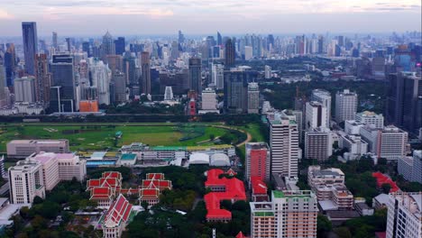 Aerial-View-Of-Chulalongkorn-University-And-Royal-Bangkok-Sports-Club-In-Bangkok-Downtown,-Thailand