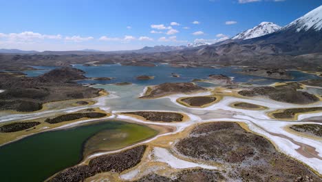 Aerial-view-of-Cotacotani-Lagoon,-Lauca-National-Park-in-Chile---dolly-forward,-drone-shot
