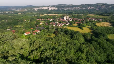 Aerial-view-over-a-forest,-with-the-village-of-Floirac-in-the-background