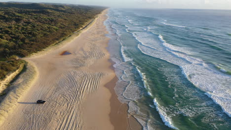Drone-shot-over-a-car-on-the-K'gari-beach,-sunny-morning-in-Queensland,-Australia