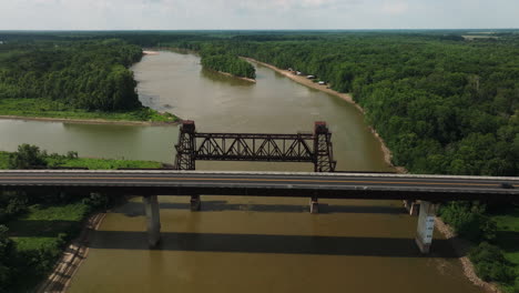 Highway-Bridge-In-Twin-City-Riverfront-Park,-Arkansas,-USA---aerial-shot