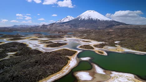 Aerial-view-over-of-Cotacotani-Lagoon,-Lauca-National-Park-in-Chile---dolly,-drone-shot