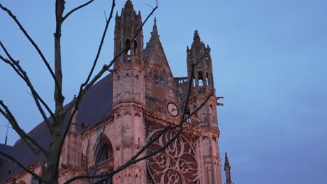 Blue-hour-reveal-past-tree-branch-foreground-of-historical-relic-gothic-french-architecture-chapel-building
