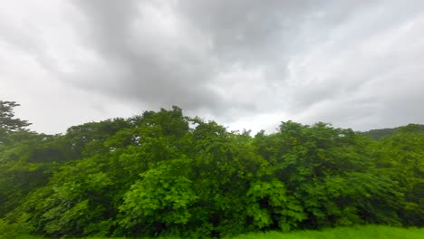 Nubes-Negras-Y-Vista-Del-Bosque-Verde-Desde-La-Ventana-Del-Tren-En-El-Ferrocarril-Konkan