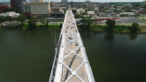Aerial-View-Over-Broadway-Bridge-With-Cars-Traveling-In-Little-Rock,-AR,-USA---drone-shot