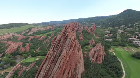 Beautiful-aerial-scenic-view-over-majestic-red-rock-formation,-landscape-of-Arrowhead,-Colorado
