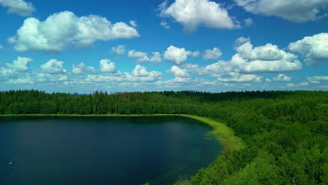 Aerial-high-angle-overview-of-clouds-moving-slowly-across-sky-above-forest-and-lake