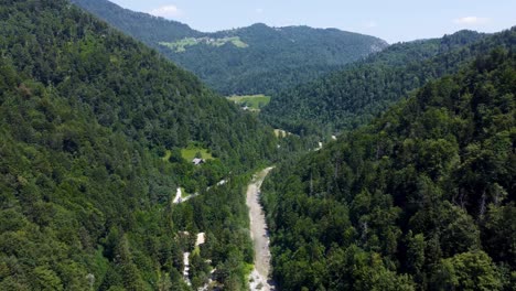 Idrijica-River-in-valley,-beautiful-forested-mountain-surroundings,-Slovenia-natural-landscape