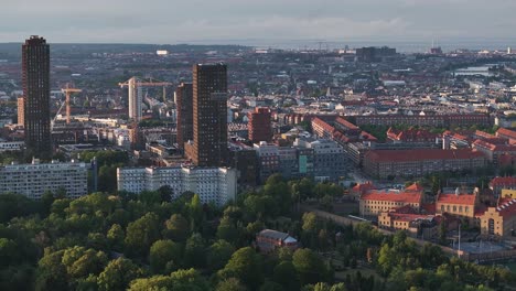 Commercial-tall-buildings,-city-park-and-urban-area,-Copenhagen-district,-Denmark