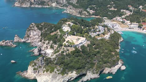 Beautiful-Aerial-View-of-Paleokastritsa-Monastery,-Corfu,-Greece