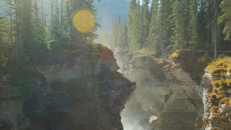 Athabasca-River-Waterfall-Dropping-Down-in-Narrow-Gorge,-Jasper-National-Park,-Alberta,-Canada