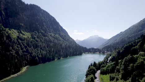 Montriond-lake-with-pine-tree-forest-on-the-slopes-of-rising-rock-formation-seen-from-above