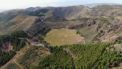 Aerial-view-traveling-in-on-the-Canarian-volcanic-caldera-Los-Marteles-in-a-place-full-of-endemic-Canarian-pines-and-on-a-sunny-day