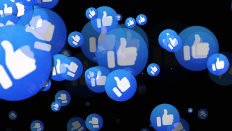 Animation-of-Facebook-icon-with-thumbs-up-floating-on-black-background