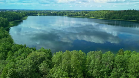 Klares-Wasser-Eines-Sees-Mit-Spiegelreflexionen,-Umgeben-Von-Dichten-Bäumen