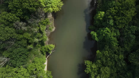 Bird's-Eye-View-Over-Calm-River-Surrounded-With-Lush-Vegetation-In-Oronoco,-Minnesota,-USA---drone-shot