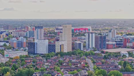Descending-drone-aerial-of-Greater-Manchester---Old-Trafford-Stadium-in-the-far-Background