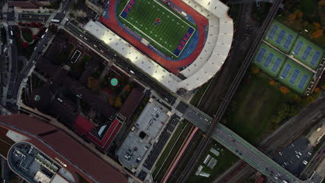 Aerial-view-over-the-Penn-Athletics-Facilities,-fall-evening-in-Philadelphia