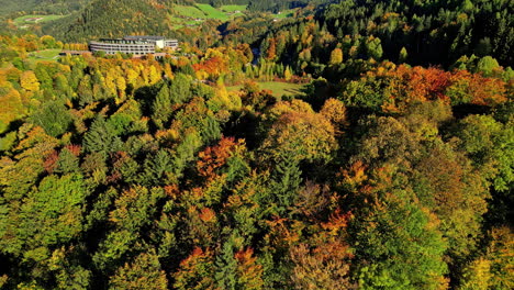 Colorful-autumn-trees-in-Austria-on-sunny-day,-aerial-orbit-view