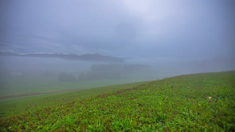 Wiesengrüne-Landschaft,-Sichtbar-Durch-Starken-Nebel,-Zeitrafferansicht