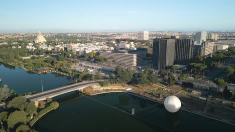 Aerial-Drone-Shot-Above-EUR-Lake-Park-in-Rome,-Italy