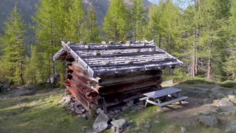 A-log-cabin-with-a-shingle-roof-and-a-table-with-seating-is-framed-by-trees-in-the-middle-of-nature