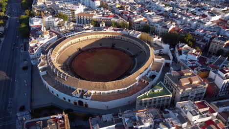 Aerial-View-Of-Bullring-Of-The-Real-Maestranza-de-Caballeria-of-Seville,-Spain