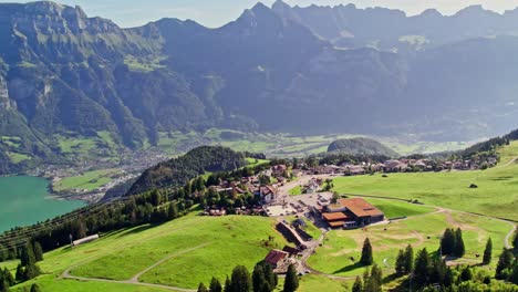 Aerial-panorama-over-Flumserberg-holiday-paradise-in-Switzerland