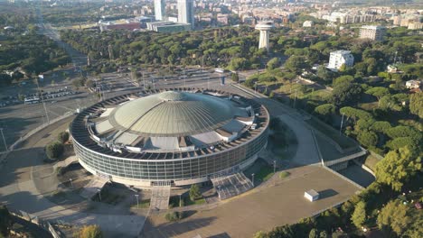 Aerial-Orbiting-Shot-Above-PalaSport,-PalaEUR-in-EUR-District-of-Rome