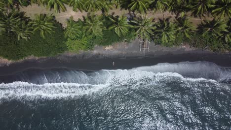 Secret-Oasis:-Aerial-4K-Top-Down-Drone-View-of-a-Lone-Girl-Lying-on-the-Untouched-Black-Sand-Beach-in-Gretek,-Bali