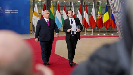Hungarian-Prime-Minister-Viktor-Orbán-arriving-on-the-red-carpet-at-the-European-Council-summit-in-Brussels,-Belgium---Slow-motion