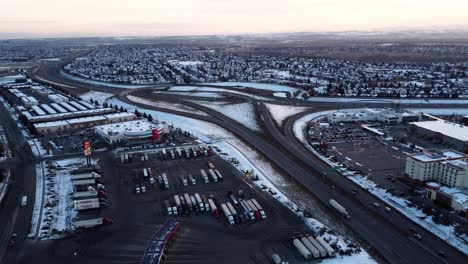 Calgary's-Deerfoot-Highway-in-the-southeast-during-the-winter,-near-Deerfoot-Casino