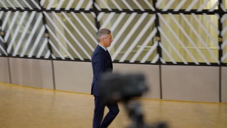 Slovenian-Prime-Minister-Robert-Golob-arriving-at-the-European-Council-summit-in-Brussels,-Belgium---Slow-motion-shot