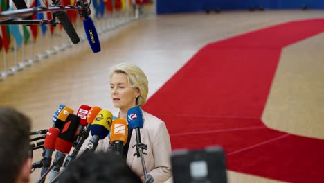 President-of-the-European-Commission-Ursula-von-der-Leyen-giving-a-statement-at-the-European-Council-summit-in-Brussels,-Belgium---Medium-shot