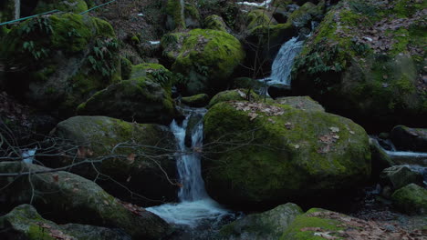 Forward-moving-super-slow-motion-shot-of-a-creek-waterfall-in-the-black-forest-in-autumn