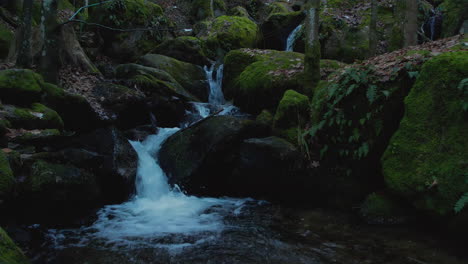 Avance-En-Cámara-Súper-Lenta-De-Una-Cuenca-De-Agua-Y-Una-Cascada-De-Arroyo-En-El-Fondo